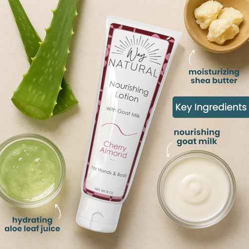 Nourishing Goat Milk Lotion, Cherry Almond - Home & Away Set, Natural Hand & Body Cherry Almond Lotion for Dry Skin - Goat Milk Hand Cream for Women & Men - 8oz & 2oz Travel Size Tube
