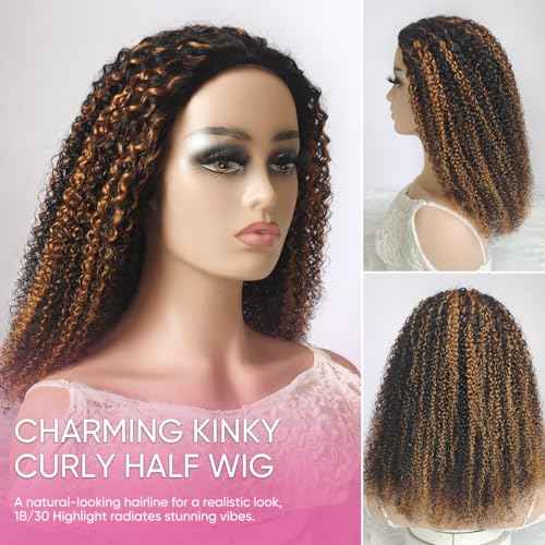 Ombre Highlight Brown Kinky Curly Half Wig Human Hair 1B 30 Curly 3 In 1 Seamless Flip Over Afro Curly Half Wig For Women 210% Density Glueless Wear and Ready to Go Drawstring Headband Wig 20 Inch