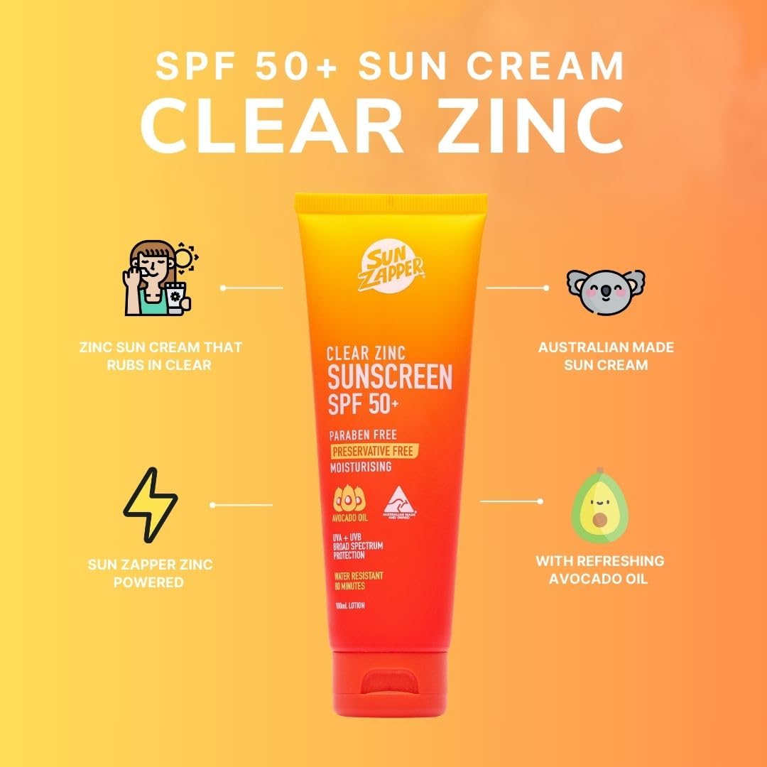 Sun Zapper Clear Zinc Sunscreen Lotion SPF 50+ – Zinc Oxide Sunscreen for Face and Body, Water Resistant Broad Spectrum Sunblock, No White Cast, Oxybenzone Free, 100mL (3.4 oz), Australian Made