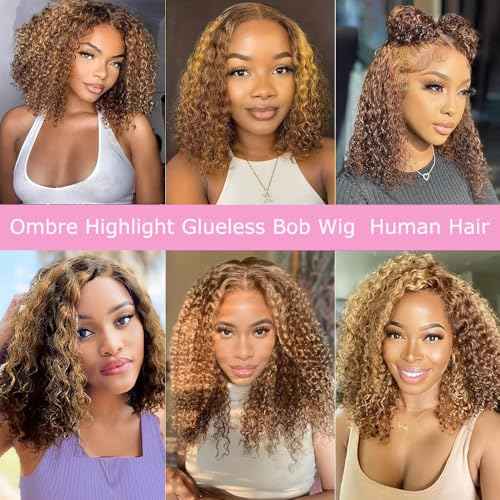 Glueless Bob Wigs Human Hair 5x5 Water Wave Closure Bob Wig Human Hair 4/27 Ombre Highlight Wear and Go Glueless Wig Pre Plucked Pre Cut Wig Human Hair Natural Hairline 180% Density £¨16inch£©