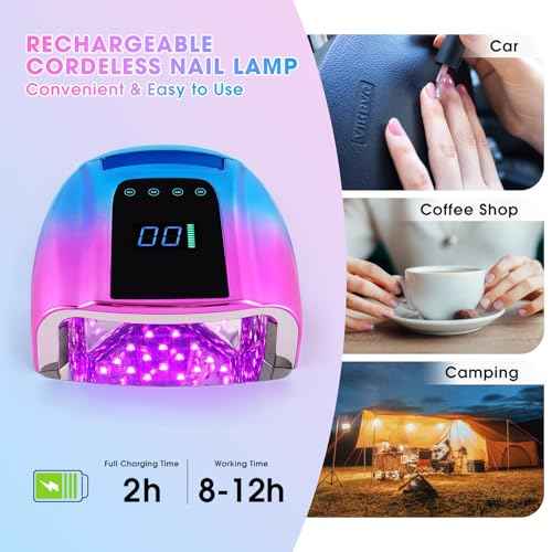 Professional Rechargeable 96W UV LED Portable Cordless UV Light for Nail Lamp Machine with Metal Base, Auto Sensor and 4 Timer Settings, Salon Quality UV Nail Light(Blue&Purple)