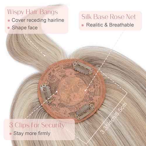 SEGO Hair Toppers for Women Real Human Hair with Bangs Mono Base 10 Inch Clip In Bangs Wiglets Topper Hairpieces for Women with Thinninghair -18YP613 Ash Grey&Bleach Blonde