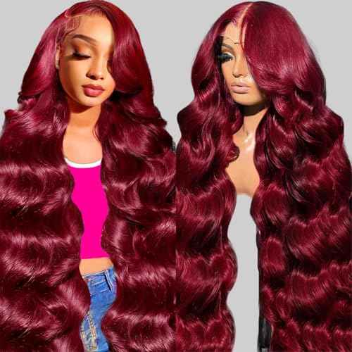 99J Burgundy Lace Front Wigs Human Hair 13x6 HD Transparent Body Wave Lace Front Wigs Pre Plucked 99j Burgundy Red Wine Glueless Human Hair Wigs for Women Reddish Brown 180% Density 30 Inch
