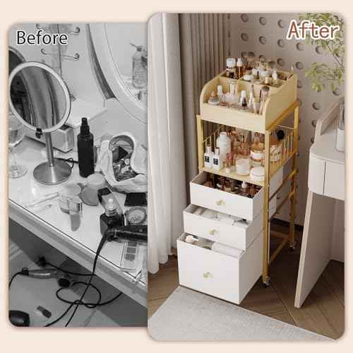 Makeup Organizer Cart with Drawers, Floor Skincare Organizers Make Up Organizers-Vanity Organizer Cosmetic Display Cases Holder for Skin Care Perfume Nail Polish Brush Hair Tool£¨Gold£©
