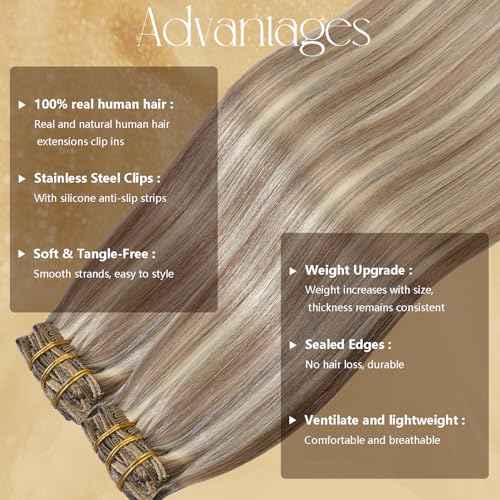 Blonde Highlights Human Hair Extensions Clip Ins 20 Inches Light Brown Mixed Bleach Blonde100g Hair Clip in Extensions Real Human Hair Straight Silky #8/22/8 7pcs