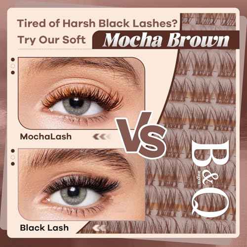 B&Q Brown Lash Clusters Kit Natural Mochalash 01, Wispy Eyelash Clusters Kit C-Curl Cluster Eyelash Extensions 8-16mm Fake Eyelashes Lash Extension Kit for Everyday Beginner Friendly(Mochalash 01 Set)