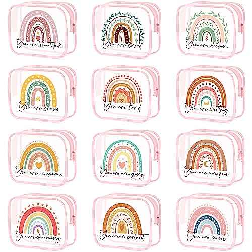 Hillban 12 Pcs Rainbow Clear Makeup Bag for Women Inspirational Quotes PVC Waterproof Cosmetic Bags Appreciation Travel Toiletry Pouch Gifts for Teacher Student Adults(Pink)