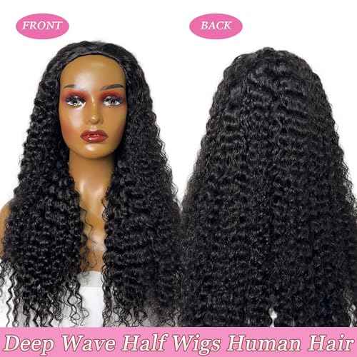 Curly Half Wig Human Hair 180% Density Deep Wave Glueless Wigs Upgrade 3 In 1 Wigs Beginner Friendly Seamless Flip Over Drawstring Curly Wig Ready to Go Headband Wig Natural Black Color 16 Inch