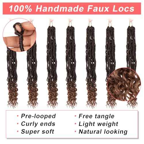 18 Inch New Faux Locs Crochet Hair With Curly Ends 7 Packs Goddess Locs Wavy Soft Locs Pre-looped Ombre Brown Bohemian Nu Locs Synthetic Crochet Braiding Hair for Women (12Strands/pack T30#)