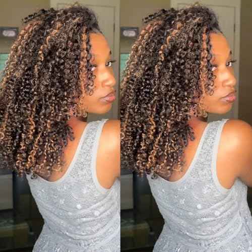 Ombre Highlight Brown Kinky Curly Half Wig Human Hair 1B 30 Curly 3 In 1 Seamless Flip Over Afro Curly Half Wig For Women 210% Density Glueless Wear and Ready to Go Drawstring Headband Wig 20 Inch