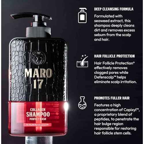 MARO17 Japan's #1 Collagen Shampoo Perfect Wash & Collagen Essence - Deep Cleansing, Declogs Scalp Pores, Eliminates Scalp Irritation & Promotes Thick, Full Hair - Mens Shampoo & Hair Growth Serum Duo
