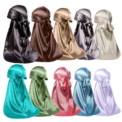 ForceWave 10 Pieces Silky Durags Long Tail for Women Men Satin Durag 360 Wave£¬Dorag, 10 Pieces