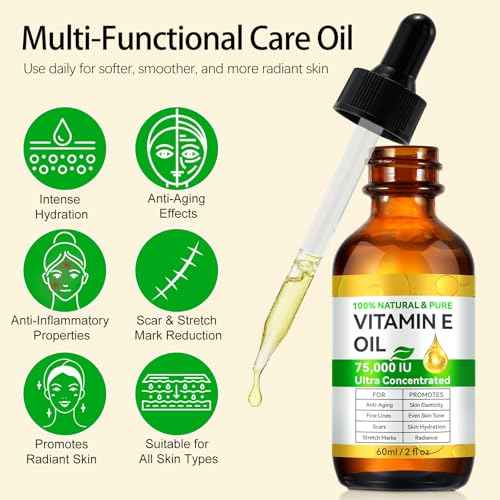 WHLH & WELL-BEING Pure Vitamin E Oil for Skin Face Hair Scars, Blend 75,000 IU, Moisturizing Dry Skin Winkles Hair and Scalp Pack of 1