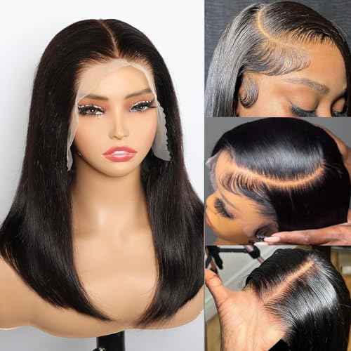 Bleached Knots 13x6 Bob Lace Front Wig Human Hair Straight Transparent Lace Frontal Wigs Pre Plucked with Baby Hair Brazilian Remy 180 Density Short Natural Color Wigs for Black Women