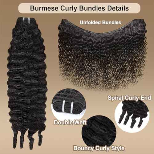 Burmese Curly Bundles Human Hair 24 Inches 100% Unprocessed Quick Weave 3c4a Water Wave with Spiral Curly End Real Human Hair Extensions Natural Black