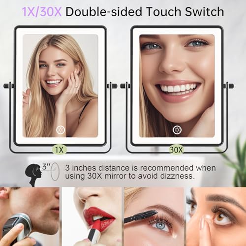 FASCINATE Rechargeable Wall Mounted Makeup Mirror with Lights, 8.7 Inch Double Sided Touch Switch 1X 30X Magnifying Bathroom Mirror, 3 Color Lights Touch Dimmable Extended Arm 360¡ÆRotation (Black)