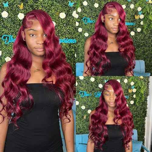 SWEETGIRL 13x6 Burgundy Lace Front Wigs Human Hair Body Wave Lace Front Wigs Pre Plucked 99j HD Lace Frontal Wigs Human Hair Wig for Women 180 Density Red Wig 20 Inch