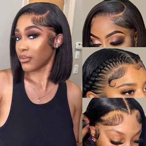 13x6 Bob Lace Front Wig Human Hair 12 Inch Short Straight Bob Frontal Wigs Pre Plucked With Baby Hair Hd Transparent Lace 200% Density Glueless Bob Wigs for Black Women