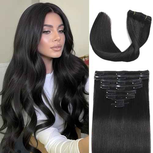 Clip in Hair Extensions Real Human Hair, 20 inch 105g, Balayage Invisible Remy Human hair Clip in Extensions for Women Seamless Straight 8Pcs Double Weft Natural Black