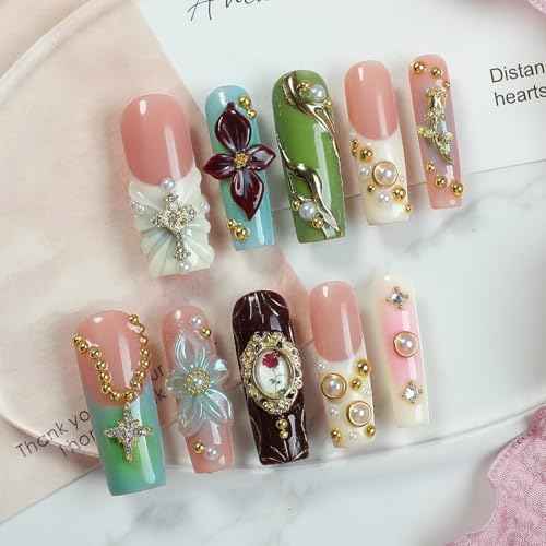 Handmade Press on Nails Long Square Fake Nails Luxury Pearl Rhinestone & 3D Flower Art Designs Salon Quality Acrylic Nails French Tip Gold Rose Steel Ball False Nails Stick on Nail for Women£¨Size M)