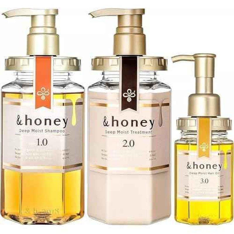 &-honey Deep Moist Shampoo ,Treatment & Hair Oil (Honey Super Moist set 3 Items bundle)+Free Hair Tie 440ml Each+100ml Hair oil Organic Hair and Scalp Care for Straight, Curly, Frizzy, and Dry hair