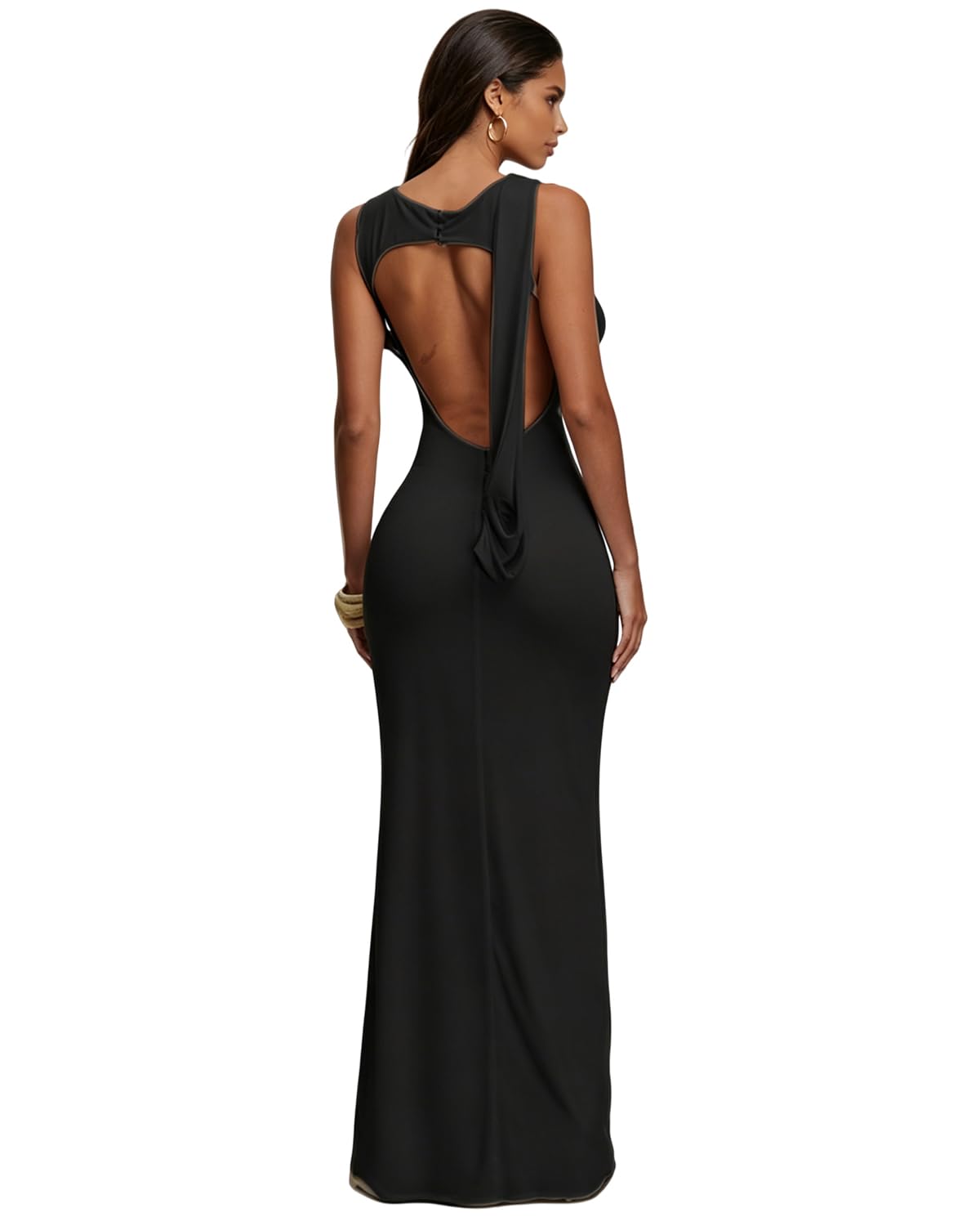 Women's Elegant Backless Ruched Maxi Tank Dress Sleeveless Thigh High Split Bodycon Party Cocktail Evening Long Dresses Black