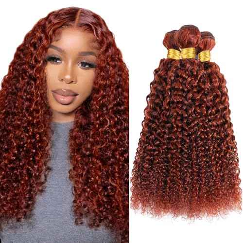 P33/350 Bundles Ombre Ginger Brown Kinky Curly Human Hair Bundle Two Tone Color 33 Auburn Mixed With Orange Bundle Highlight Copper 3 Bundles 16 18 20 Inch