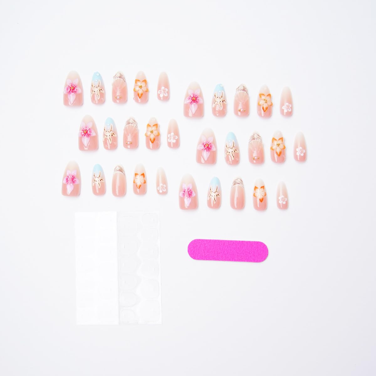 Summer Beach Press-On Nails - 30 Pcs French Almond Shape with 3D Seashell & Starfish Design | Glossy Ocean Theme Acrylic