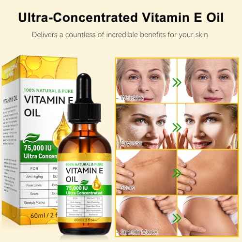WHLH & WELL-BEING Pure Vitamin E Oil for Skin Face Hair Scars, Blend 75,000 IU, Moisturizing Dry Skin Winkles Hair and Scalp Pack of 1
