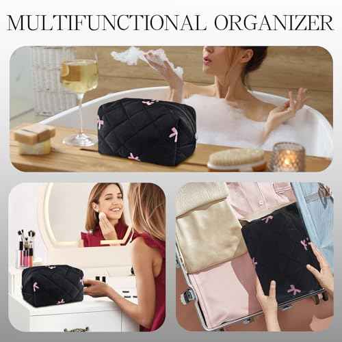 Quilted Makeup Pouch,Cotton Puffy Makeup Bag, Coquette Cosmetic Bag for Women and Girls, Aesthetic Organizer Bag, Cute Flower Travel Toiletry Bag