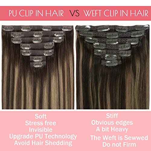 Loxxy 20Inch Seamless Clip in Hair Extensions Remy Human Hair Chestnut Brown to Highlight Dark Brown With Dark Brown Roots Natural Seamless Hair Extensions Clip in With PU Weft 110Gram #R2-2/6