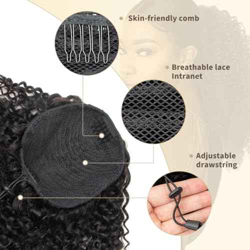 isheeny Natural Black Drawstring Ponytail 100% Human Hair Extension for Black Women 18Inch Voluminous Curly Style