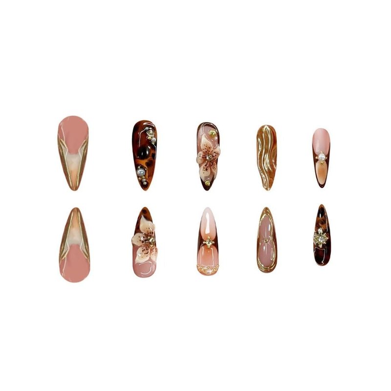 Almond Press-On Nails | Brown Floral Artificial Nails with Gold Charm | 24 Pcs Summer Design