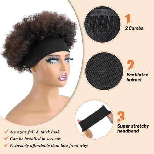 Afro Curly Headband Wig for Black Women,Short Kinky Curly Synthetic Wig with Super Elastic Headband Glueless Quick Wear And Go Fluffy Bouncy Afro Wig for Daily Party(T33)