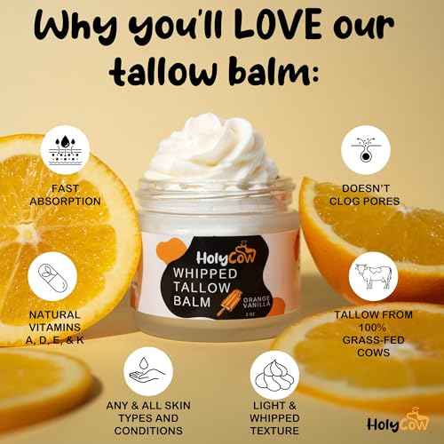 HolyCow Beef Tallow For Skin - Whipped Tallow Balm with Organic Jojoba Oil (Orange Vanilla), Grass Fed Beef Tallow Face Moisturizer for Eczema, Baby, Lip Balm - Lotion For Extremely Dry Skin