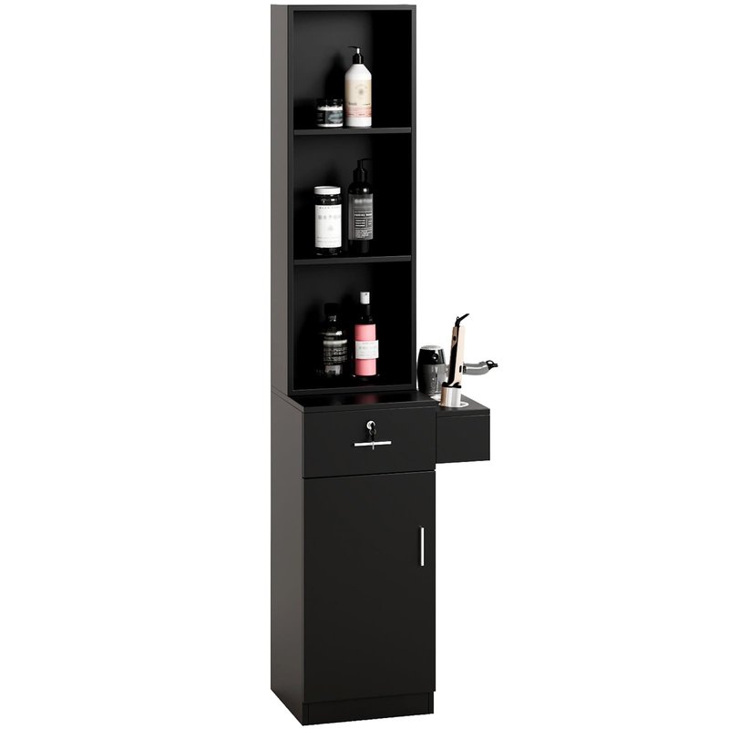 OmySalon Salon Hair Styling Station, Barber Salon Equipment with a 3-Tier Storage Shelf, 1 Drawer, a Large Storage Cabinet and 3 Hair Dryer Holders, Black