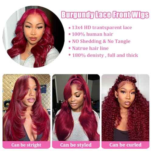 99j Burgundy Lace Front Wigs Human Hair 13x4 HD Transparent Body Wave Lace Front Wigs Human Hair Pre Plucked 180% Density Glueless Red Human Wigs for Women (24 Inch)