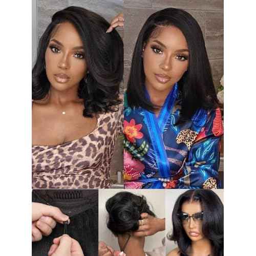 Nadula Yaki Straight Bob Drawstring Wig Human Hair Glueless Pre Cut 7x5 HD Bye Bye Knots Lace Front Wig Pre Plucked Invisible Knots Ready to Wear Short Light Yaki Bob Wigs 150% Density 12inch