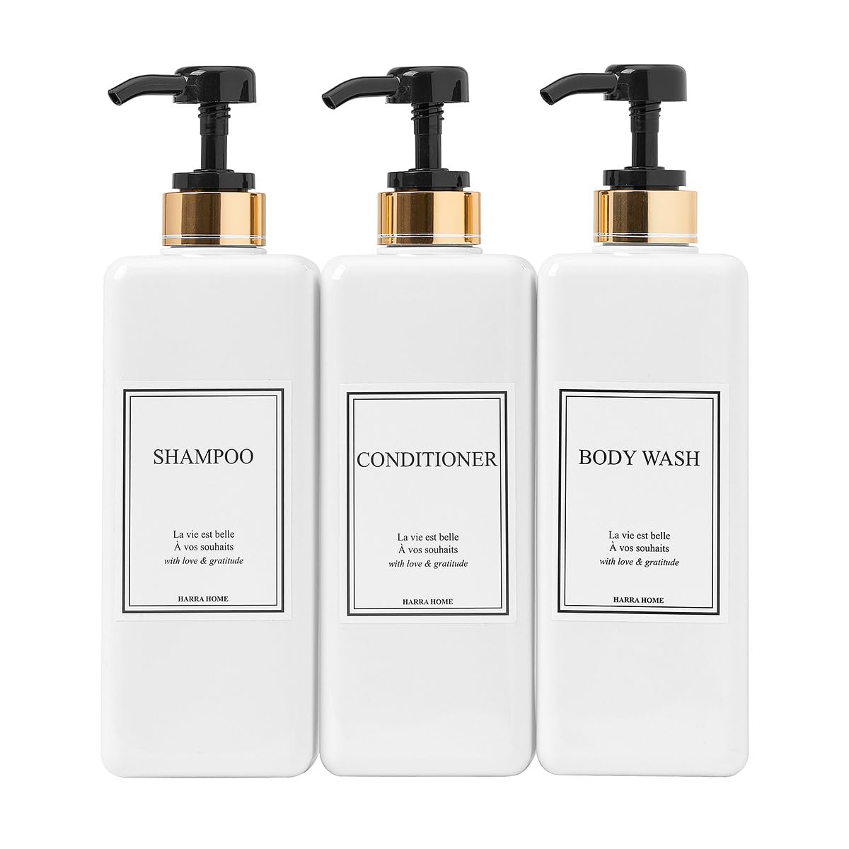 Modern Gold Design Shampoo and Conditioner Dispenser, Large 27oz Shower Soap Dispenser, Set of 3 Refillable Empty Plastic Pump Bottles for Bathroom and Body Wash (6 Waterproof Labels Included)