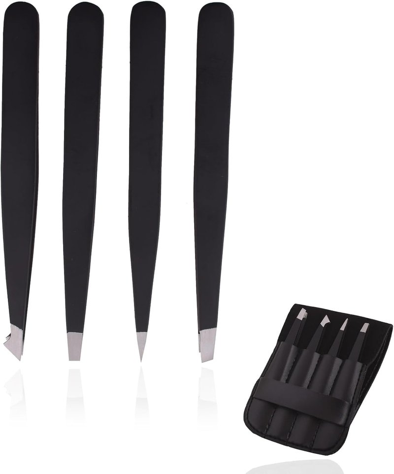 Professional Eyebrow Tweezers Set- Great Precision Facial Hair Removal Eyebrows Plucker Set with Leather Pouch for Travelling