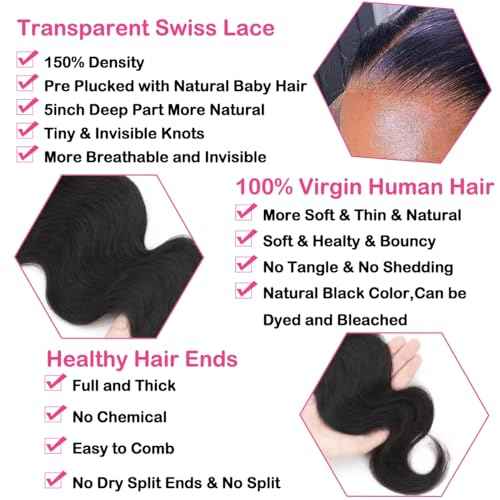 5x5 HD Transparent Closure Body Wave Human Hair Lace Closure Skinlike Brazilian 5x5 Closure 22inch Virgin Body Wave 100% Real Human Hair Free Part Closure Pre Plucked Natural Black Glueless