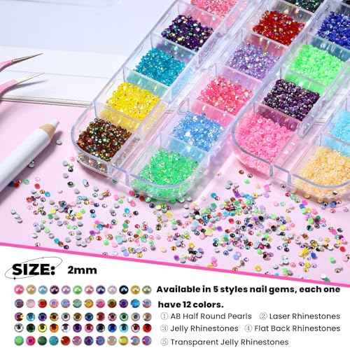 5 Boxes 2mm Flatback Nail Rhinestones Kit 13200 Pcs Colorful AB Round Transparent White Rainbow Crystal AB Gems Half Pearls with Pick Up Pen and Picker Tweezers for Craft Art and Face Makeup(2mm)
