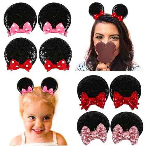 Tobeffect Mouse Ears Hair Bows Clips Glitter Mice Ears Pack Cute Hair Bow Hair Accessories for Women Costume Birthday Party Favor Vacation Halloween Christmas Decoration