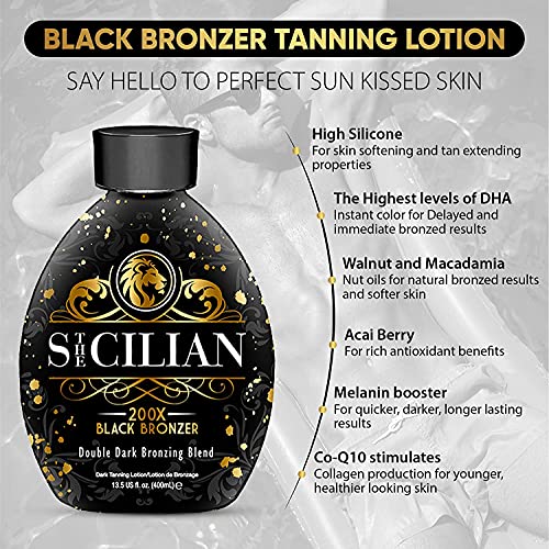 The Sicilian 200X Dark Black Bronzer Tanning Lotion - BEST for Glowing Skin - Gradual Bronzing & Sunless Self Tanner Lotion - Luxurious Sunless Body Tanning Lotion Nourishes Skin