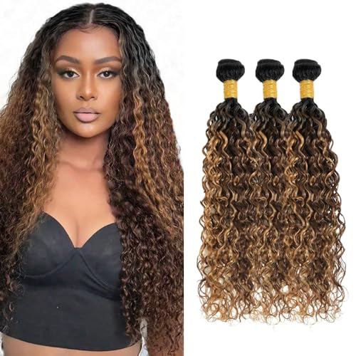30 32 34 inch LadrXadr Ombre Brown Bundles Highlight Human Hair Bundles P4/27 Water Wave Bundle 3 Tone Blonde and Brown Color
