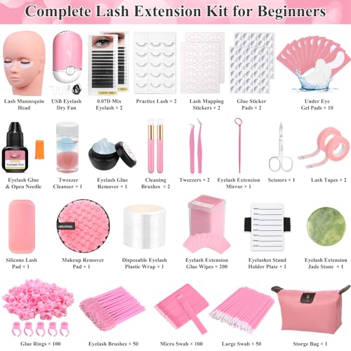 Lashes Kit for Eyelash Extension Beginner Lash Tech Starter Kit with Eye Lash Mannequin Head, Professional Eyelash Extension Kit with Lash Fan, Extension Glue and Eyelash Remover for Practice Training