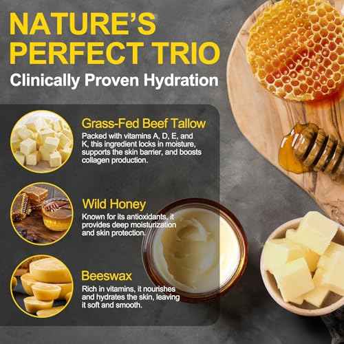 Tallow and Honey Balm for Face - Beef Tallow for Skin - 100% Organic Grass-Fed Beef Tallow & Raw Wild Honey -Moisturizing Cream for Soft, Smooth Skin- Light Scent, Moisturizing Natural Formula, 4.0 Oz