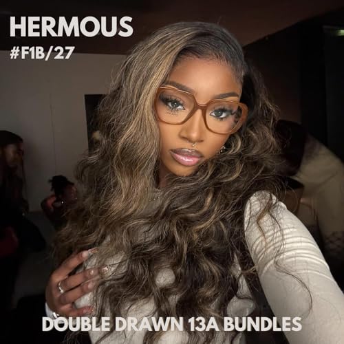13A Double Drawn FB/27 Human Hair Bundles Body Wave Blonde Highlight Color, Honey Blonde with Black Single Bundle Human Hair 100% Unprocessed Hair Colored Single Bundle Wavy Sew In 10 Inch