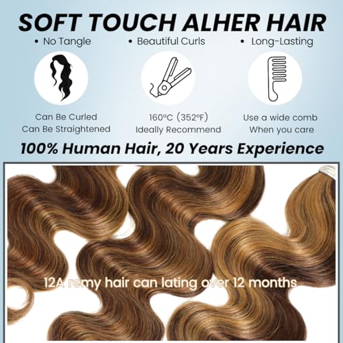 ALHER Long Deep Part 2x6 Closure Body Wave Honey Blonde Highlight, Ombre Brown and Blond 2x6 Kim K Transparent HD Lace Closure Pre Plucked With Baby Hair, #P4/27 Color Real Human Hair 12 Inch