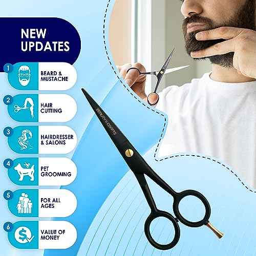 5'' Professional German Beard Scissors for Men- 2 Mustache Combs for Facial Hair with Beautiful Pouch & Tweezer - Mustache Scissors for Men Grooming, Cutting, Styling-Mustache Trimmer